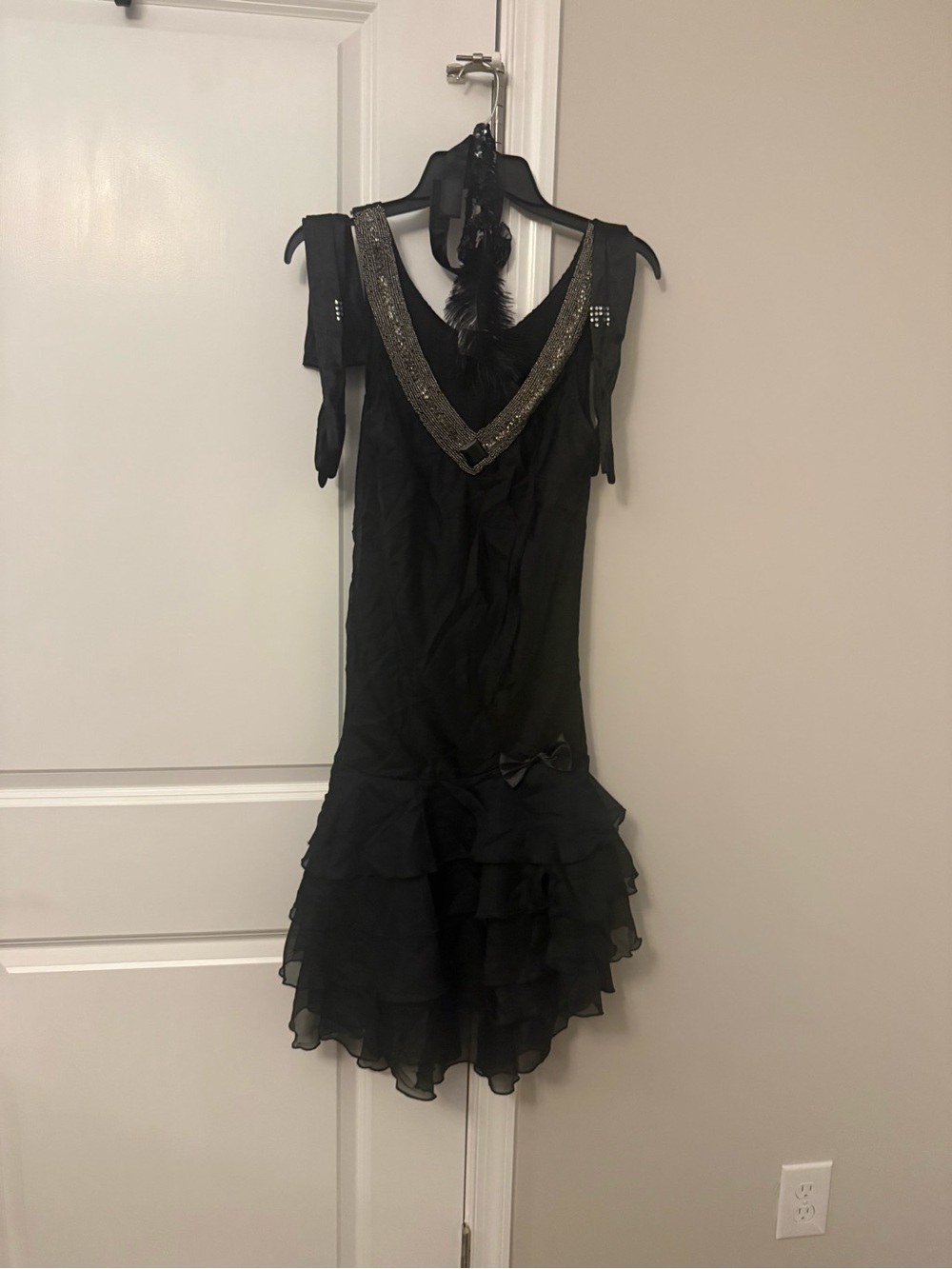 Black Beaded V-Neck Ruffle Mini Dress